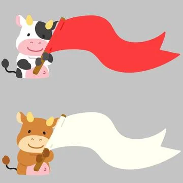 Simple and adorable flat colored cows holding flags Stock Illustration