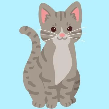 Simple and adorable Gray Tabby cat sitting in front view flat colored Stock Illustration