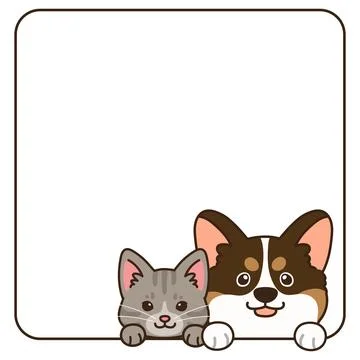 Simple and adorable grey tabby cat and Corgi coming out of a square shape 库存插图