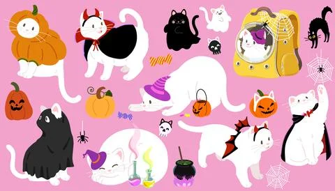 Simple and adorable Halloween illustrations of White Cat flat colored Stock Illustration