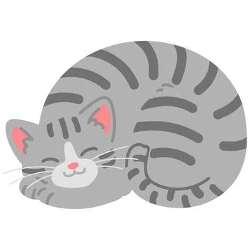 Simple and adorable illustration of grey tabby cat sleeping flat colored Stock Illustration