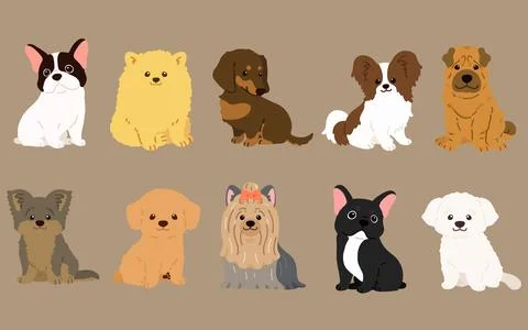 Simple and adorable illustrations of friendly small dogs flat colored Stock Illustration