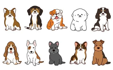 Simple and adorable illustrations of friendly medium sized dogs outlined Stock Illustration