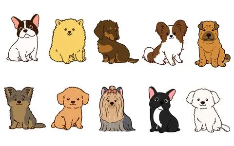 Simple and adorable illustrations of friendly small dogs outlined Stock Illustration