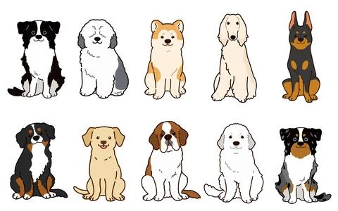 Simple and adorable illustrations of friendly big dogs outlined Stock Illustration