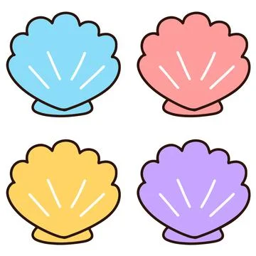Simple and adorable pastel colored seashells with outlines Ilustração Stock