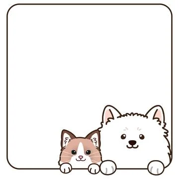 Simple and adorable Ragdoll cat and Spitz dog coming out of a square shape 库存插图
