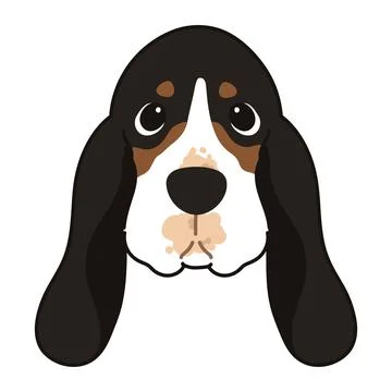 Simple and adorable Tri-Colored Basset Hound illustration front face outlined Stock Illustration