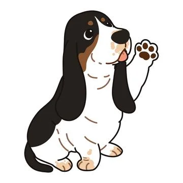 Simple and adorable Tri-Colored Basset Hound illustration lifting paw outline Stock Illustration