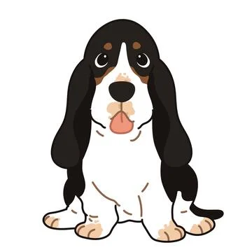 Simple and adorable Tri-Colored Basset Hound illustration sitting in front .. Stock Illustration