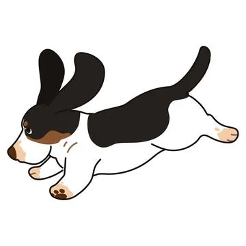 Simple and adorable Tri-Colored Basset Hound illustration jump outlined Stock Illustration