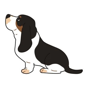 Simple and adorable Tri-Colored Basset Hound illustration sitting in side v.. Stock Illustration