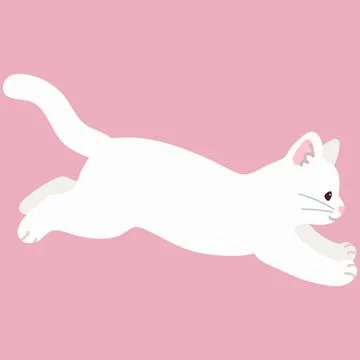 Simple and adorable white cat jumping in side view flat colored Stock Illustration