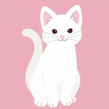 Simple and adorable white cat sitting in front view flat colored Stock Illustration