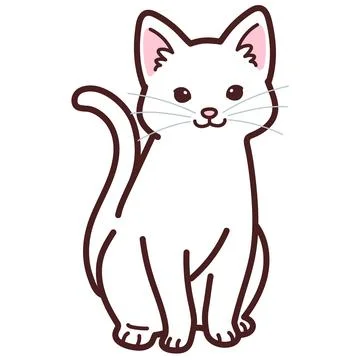 Simple and adorable white cat sitting in front view outlined Stock Illustration