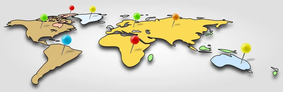Simple and colored world map with office pins Stock Illustration