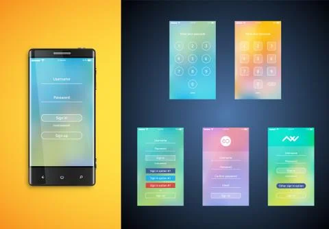 Simple and colorful UI set for smartphones - Login screen, vector ilustration Stockillustratie