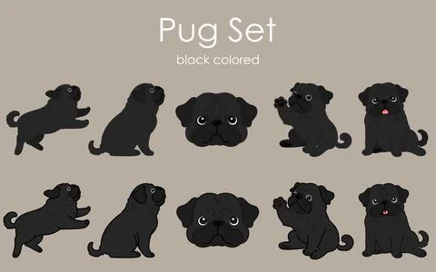 Simple and cute black colored Pug illustrations set Stock Illustration