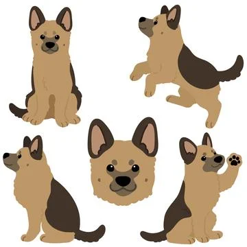 Simple and cute hand drawn German Shepherd dog illustrations set flat colored Stock Illustration