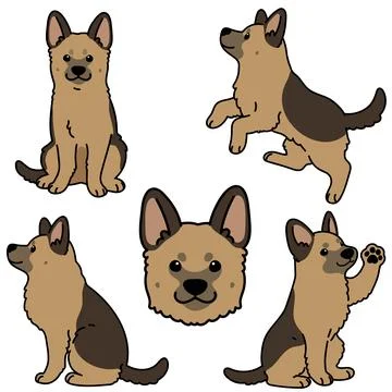 Simple and cute hand drawn German Shepherd dog illustrations set Stock Illustration