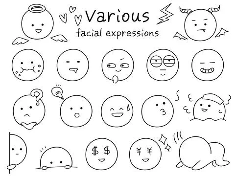 Simple and cute icon set of various facial expressions. Black line drawing Stock Illustration