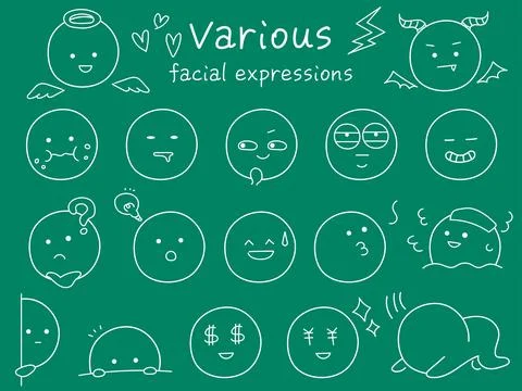 Simple and cute icon set of various facial expressions. White line drawing .. Stock Illustration