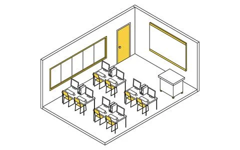 Simple and cute isometric line drawing illustration of a school computer la.. Stock Illustration