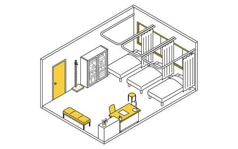 Simple and cute isometric line drawing illustration of a school infirmary w.. Stock Illustration