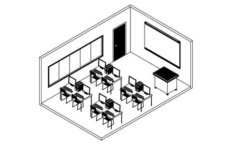 Simple and cute isometric line drawing illustration of a school computer la.. 스톡 일러스트