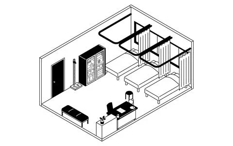 Simple and cute isometric line drawing illustration of a school infirmary w.. Stock Illustration