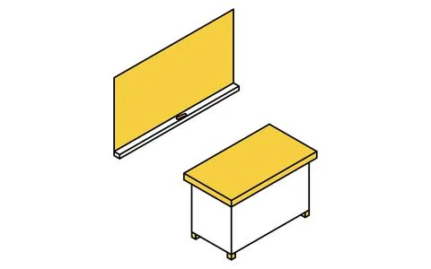 Simple and cute isometric line art of a blackboard and teaching table in a .. Stock Illustration