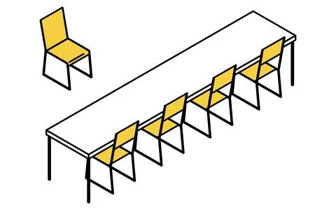 Simple and cute isometric line art illustration of a long desk and chair in.. Stock Illustration