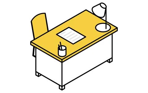 Simple and cute isometric line art illustration of a desk with a desk light.. Stock Illustration