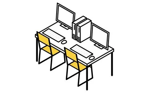 Simple and cute isometric line art illustration of a desk with a row of des.. Illustrazione stock