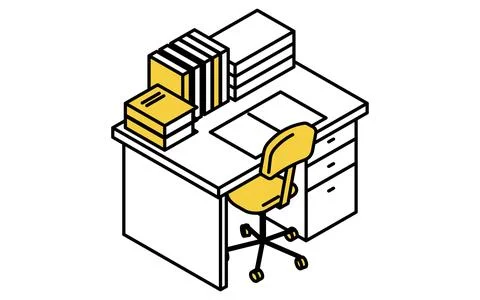 Simple and cute isometric line art illustration of a study desk lined with .. Stock Illustration