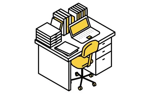 Simple and cute isometric line art illustration of a desk full of laptops, .. Stock Illustration