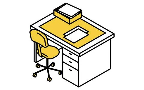 Simple and cute isometric line art illustration of a work desk with papers .. Stock Illustration