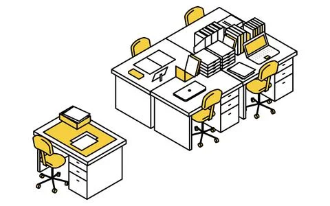 Simple and cute isometric line art illustration of an office with a row of .. Stock Illustration