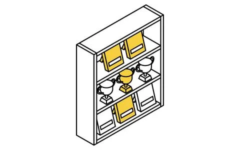 Simple and cute isometric line art illustration of a trophy case decorated .. Stock Illustration