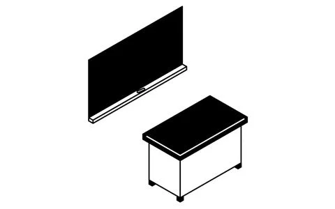 Simple and cute isometric line art of a blackboard and teaching table in a .. Stock Illustration