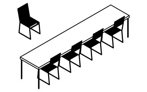 Simple and cute isometric line art illustration of a long desk and chair in.. Stock Illustration