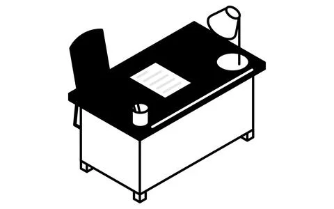 Simple and cute isometric line art illustration of a desk with a desk light.. Stock Illustration