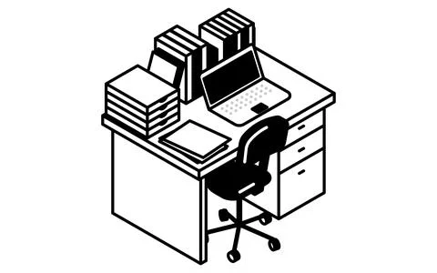 Simple and cute isometric line art illustration of a desk full of laptops, .. Stock Illustration