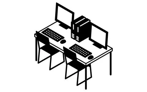 Simple and cute isometric line art illustration of a desk with a row of des.. Stock Illustration