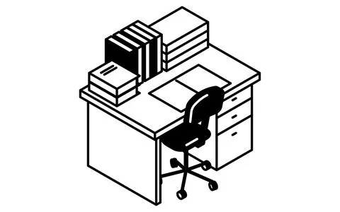 Simple and cute isometric line art illustration of a study desk lined with .. Illustrazione stock