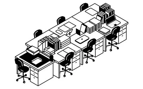 Simple and cute isometric line art illustration of an office with a row of .. Stock Illustration