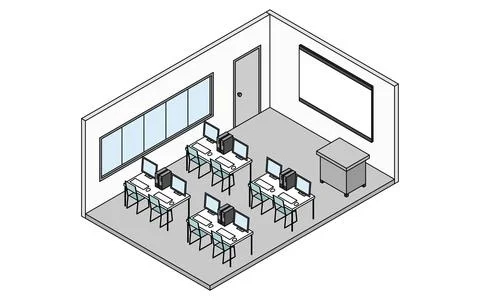 Simple and cute isometric line drawing illustration of a school computer la.. Illustrazione stock