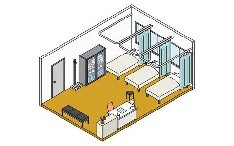 Simple and cute isometric line drawing illustration of a school infirmary w.. Stock Illustration