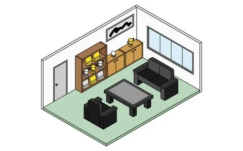 Simple and cute isometric line drawing illustration of a school reception r.. Stock Illustration