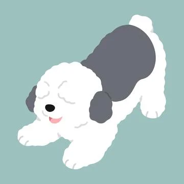 Simple and cute playful Old English Sheepdog illustration flat colored Stock Illustration